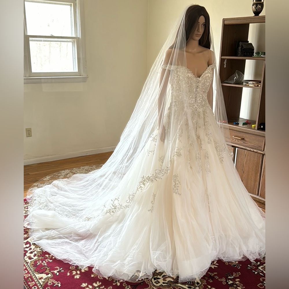 Essense Of Australia Shimmering Off-The-Shoulder Ballgown With Cathedral Veil
